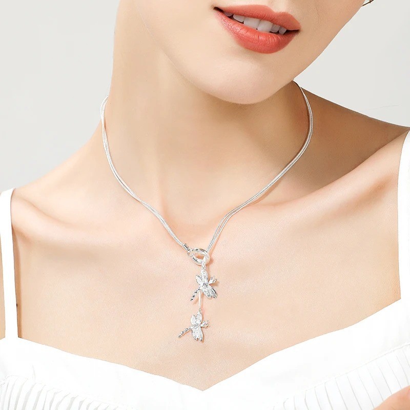 DOTEFFIL 925 Silver Double Dragonfly Necklace Women Wedding Engagement Gift
