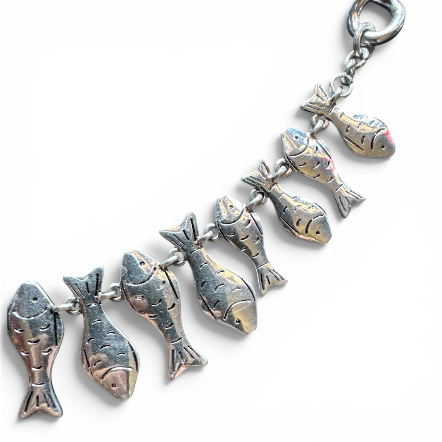 Vintage Style Silver Tone Fish School Charm Collar Necklace Coastal Nautical Fun
