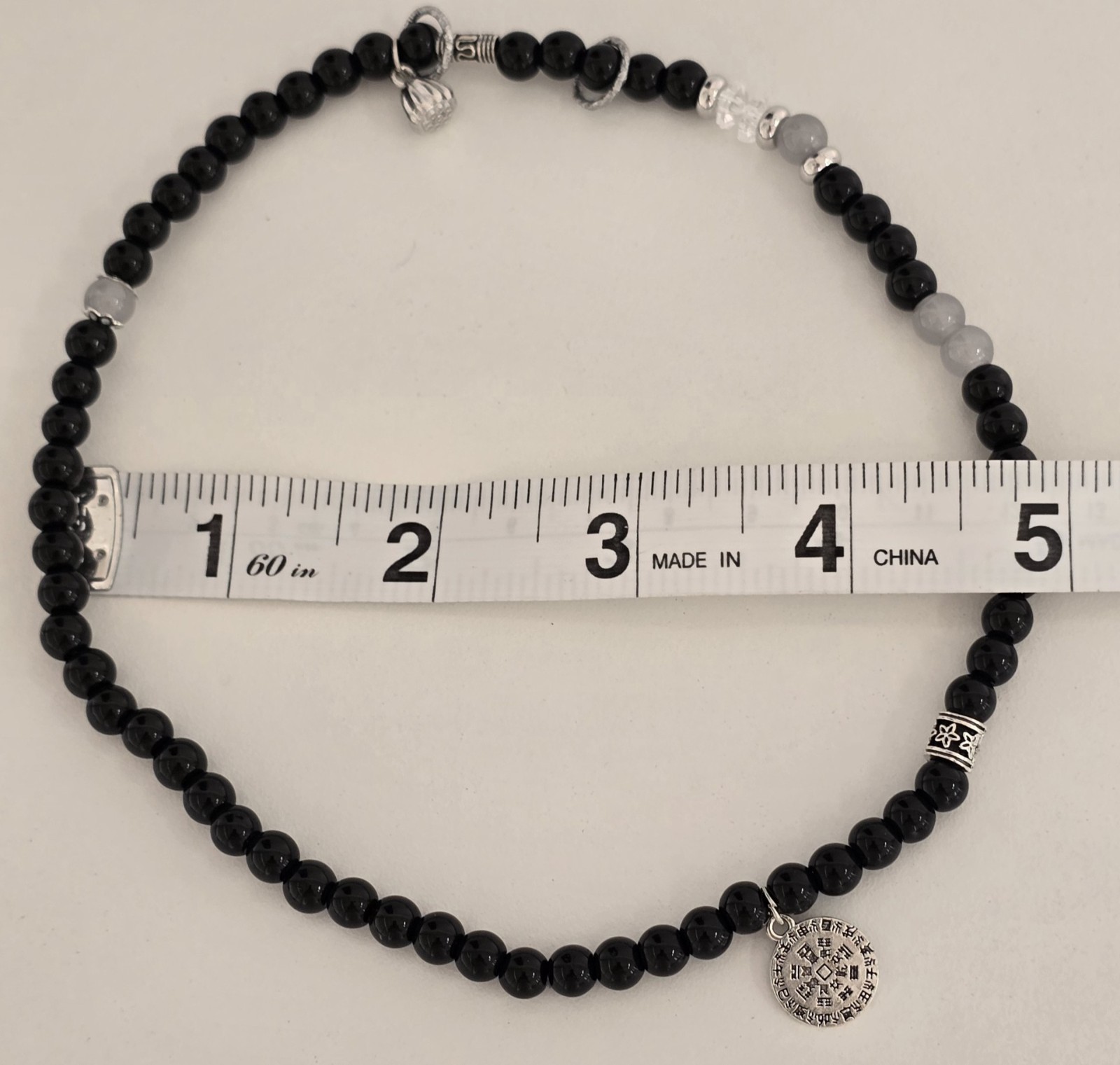 Chinese-Style Coin Charm Pendant – New – Polished Black Onyx Beaded Gemstone