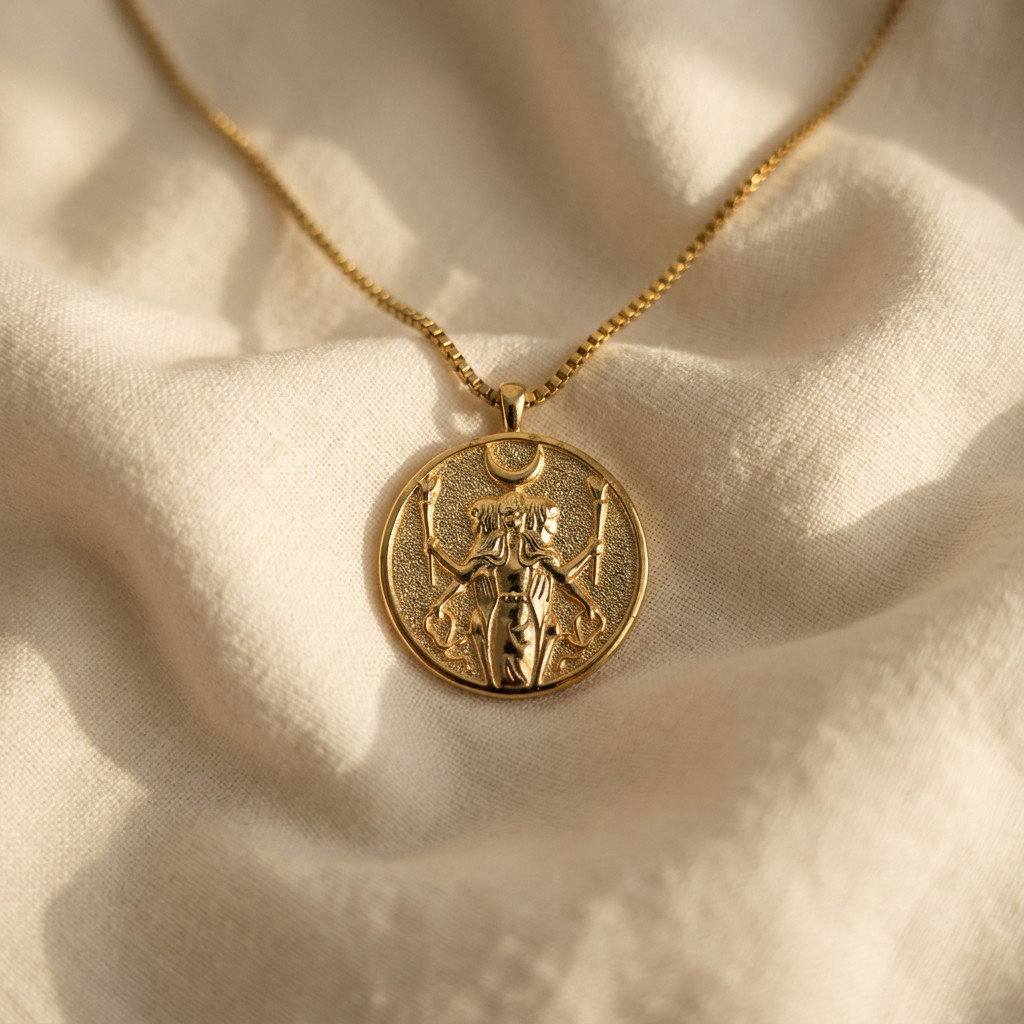 Hecate Goddess Necklace Gold Coin Magic Crossroads Protection Jewelry