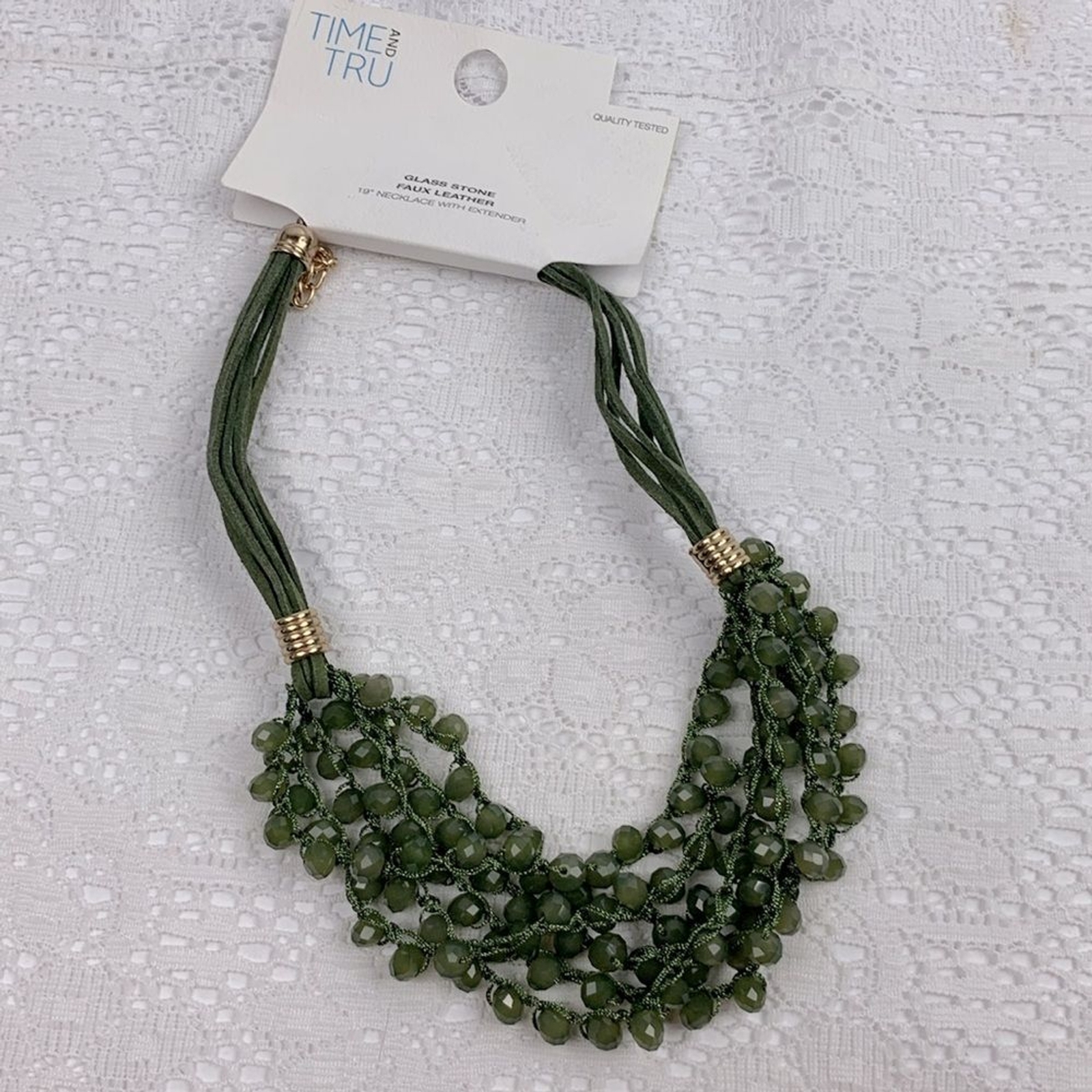Time & Tru Glass Stone Statement Necklace Green Gold Faux leather 19”+ New NWT