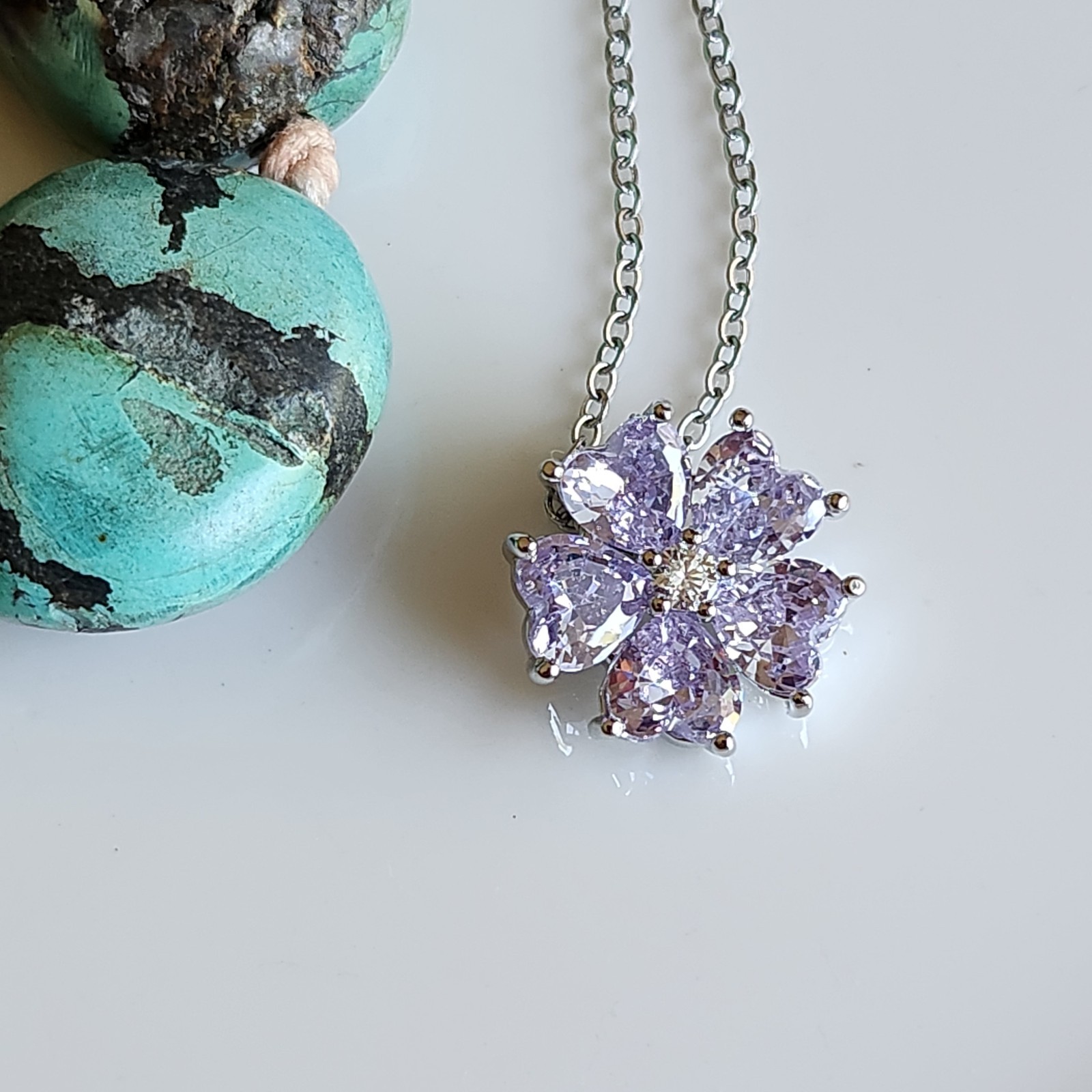 14k White Gold-plated 6mm HEART Purple Amethyst Floral 16mm Pendant Free Chain