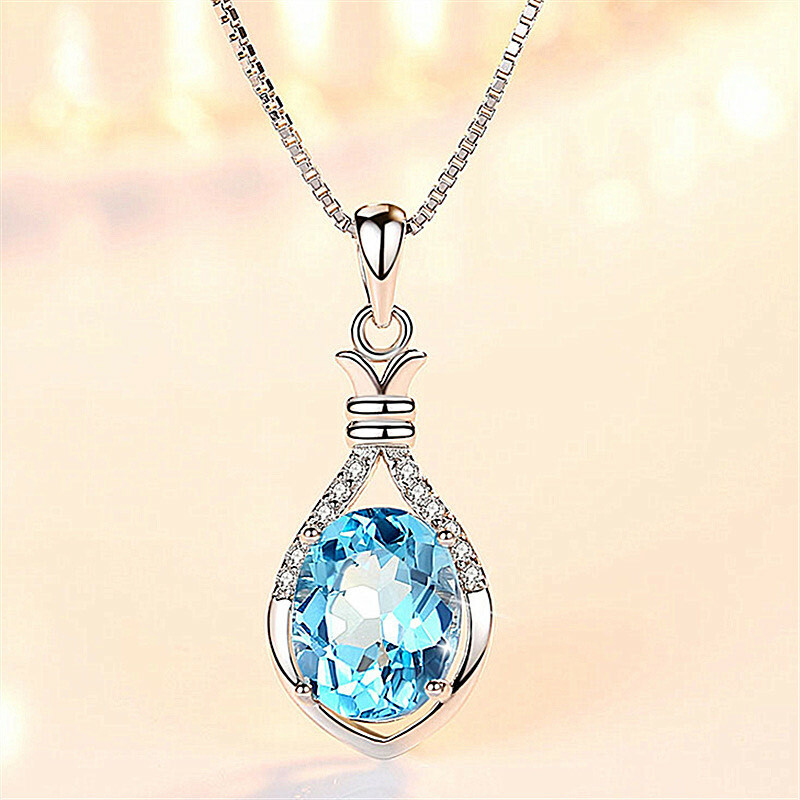 Stunning Blue Topaz 18K Rose / White Gold Filled Vase Pendant Necklace