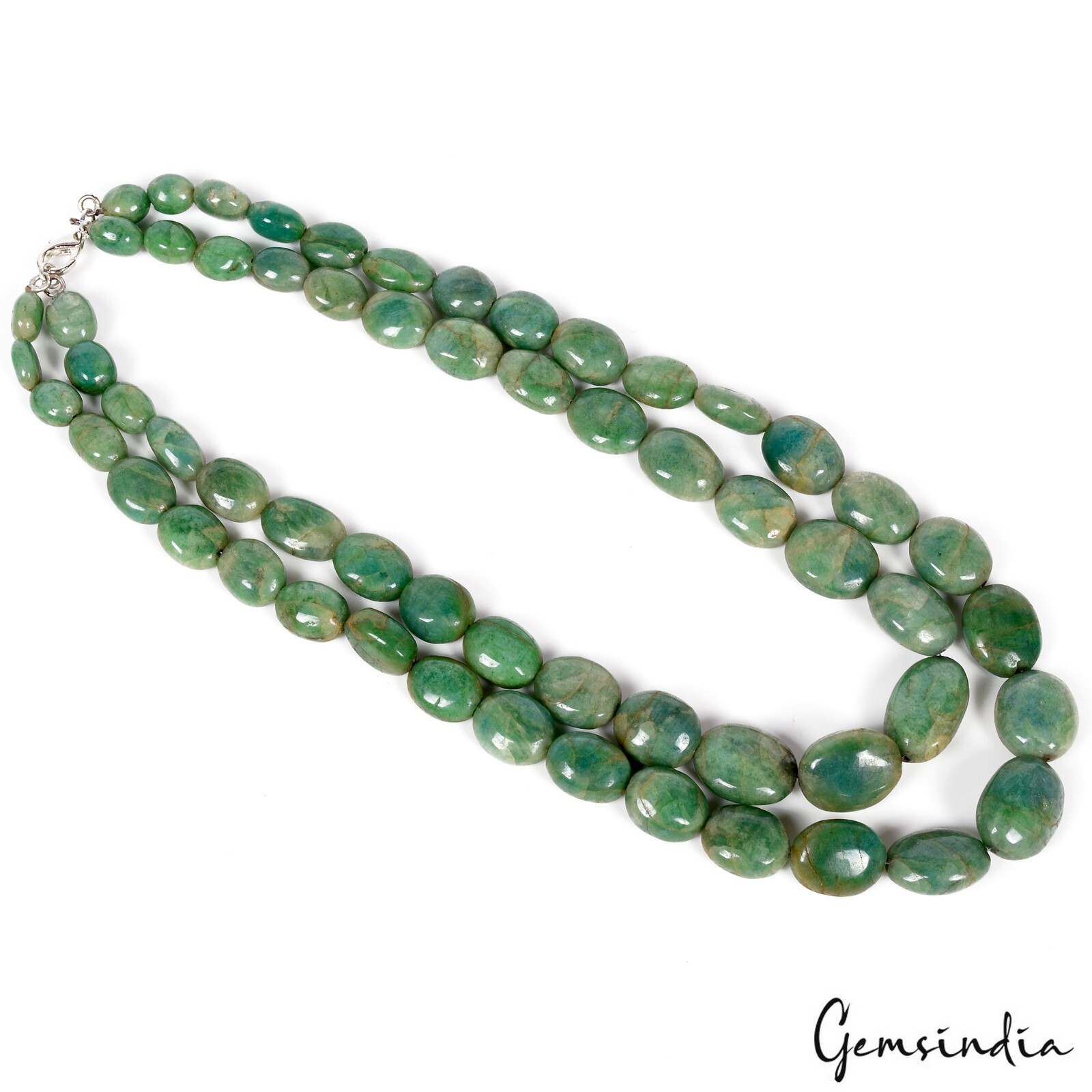 Natural Green Emerald Gemstone Smooth Beads 870Ct 22″ 2 Line Oval Beads Necklace