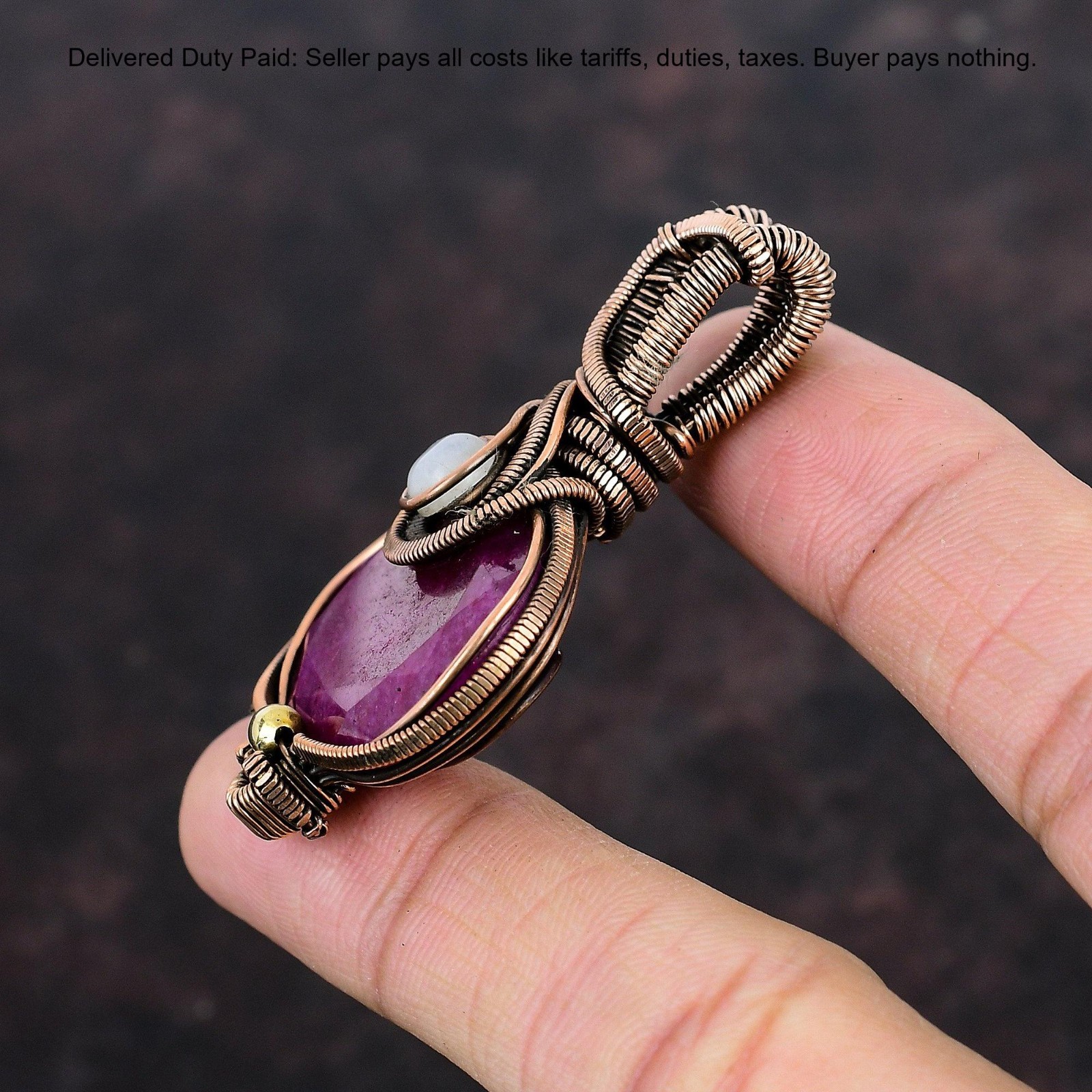 Copper Kashmir Rubi Gemstone Rainbow Moonstone Wire Wrapped Boho Pendant Jewelry