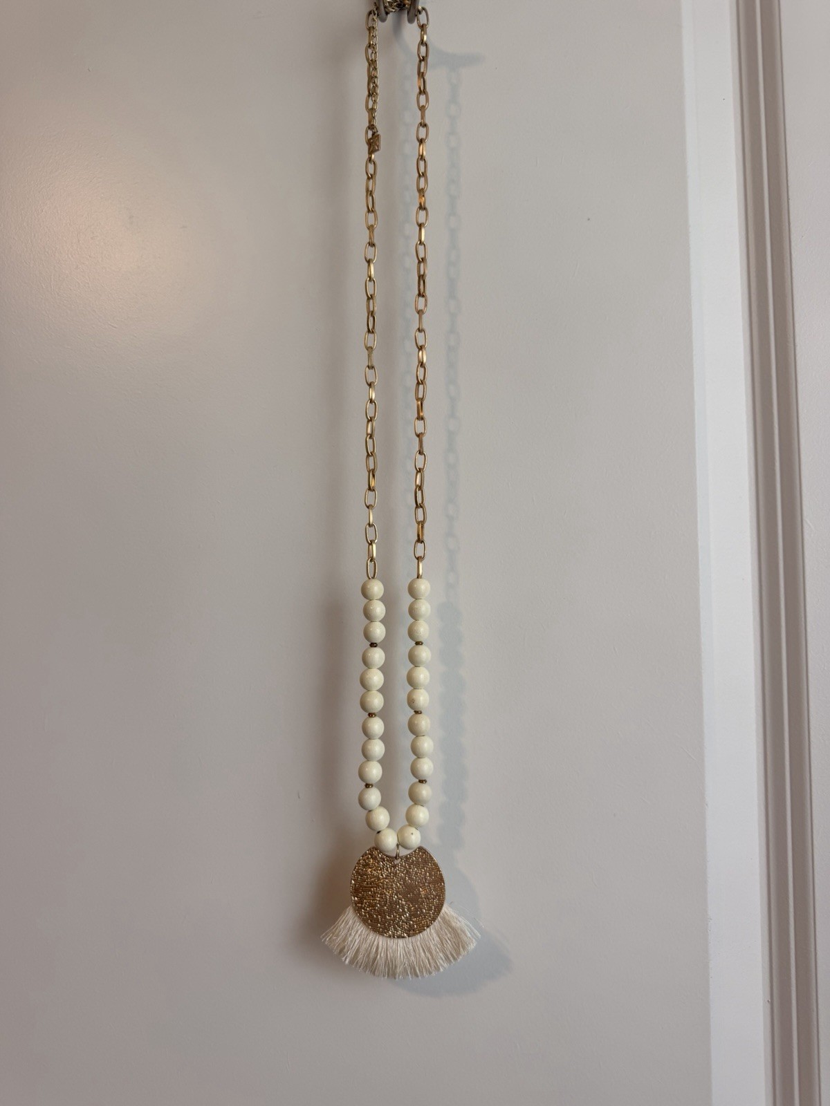 Long Gold Tone Oval Link Chain Necklace White Beads Round Pendant Tassel Fringe