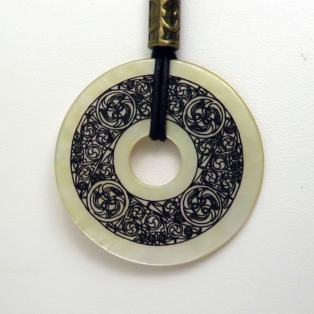 Celtic Knot Engraved Shell Donut Necklace with Waxed Cotton Cord – Adjustable