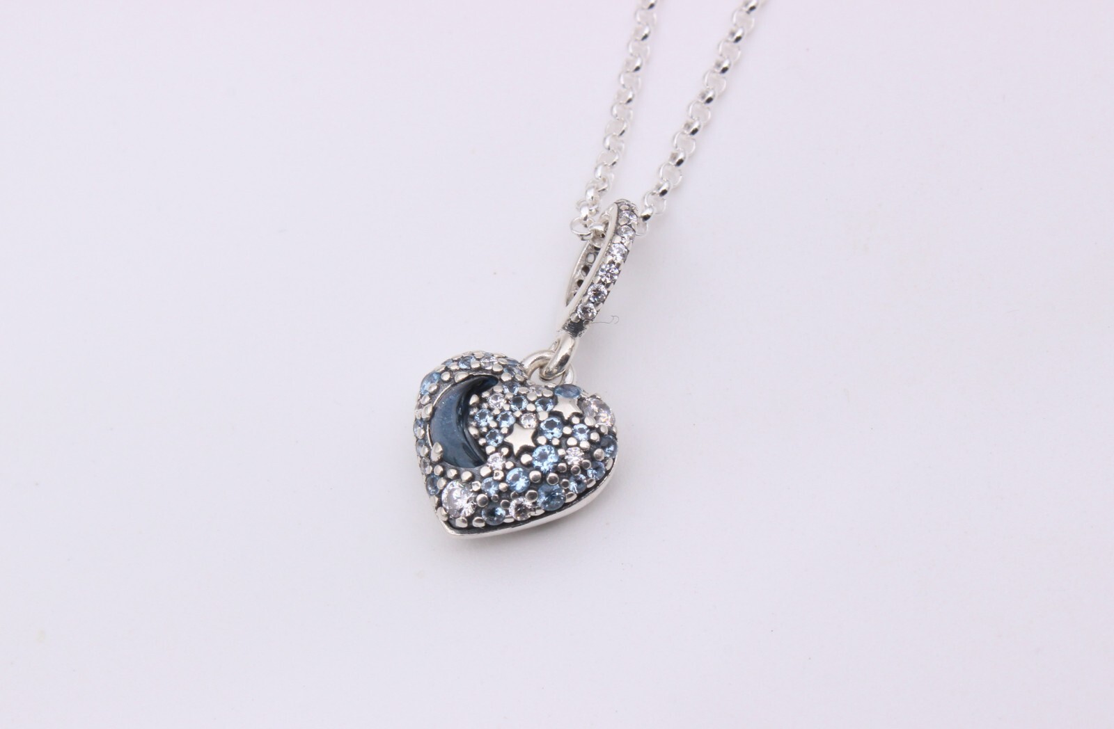 New PANDORA Sparkling Blue Moon & Stars Heart Silver Necklace Valentine’s Day