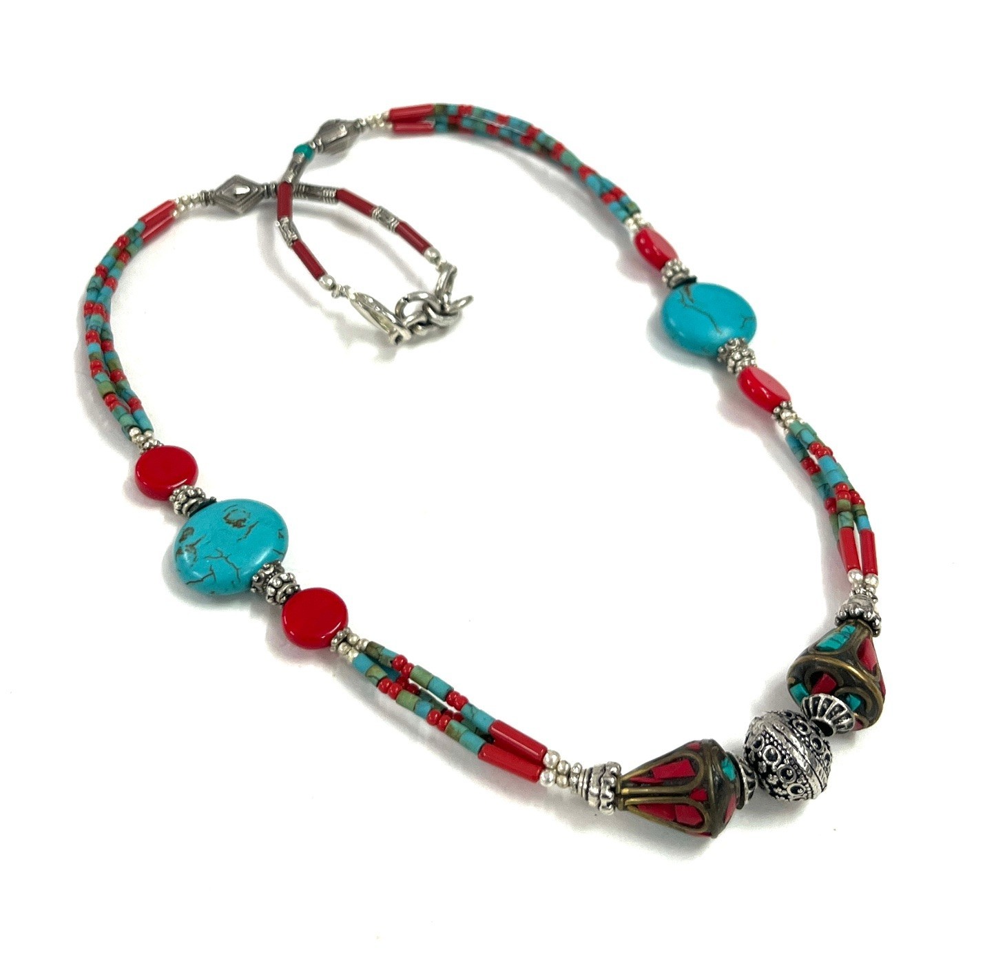 Tibetan Turquoise Coral Gemstone Handmade Necklace Jewelry, 18 Inch Adjs