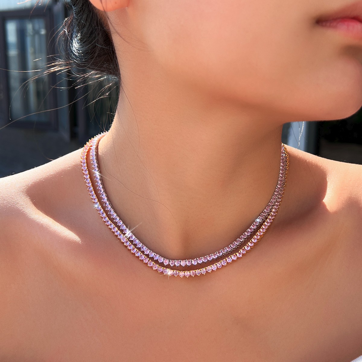 3mm Pink Round Cubic Zirconia Gold Plated Tennis Necklace Women Wedding Jewelry