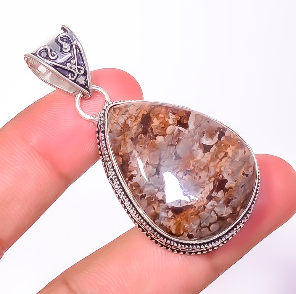 Natural Fine Art Coffee Bean Jasper 925 Silver Plated Bali Pendant 2.11″ P4491