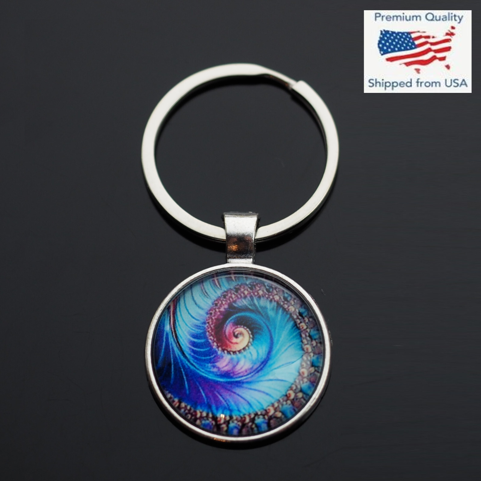 Fibonacci Spiral Fractal Sacred Geometry Glass Cabochon Dome Keychain