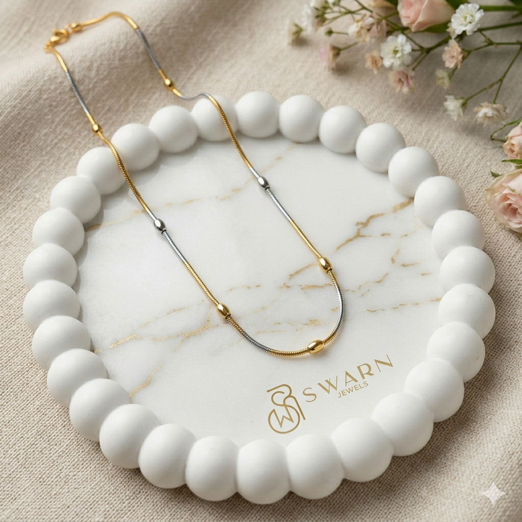 18kt Two Tone Yellow and White Gold Plated Ball Beads Chain Necklace 18 inch