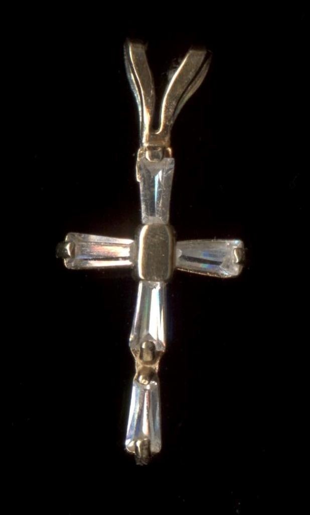 14K 19mm Solid Yellow Gold Baguette Clear Crystal CZ Cross Crucifix Pendant uA