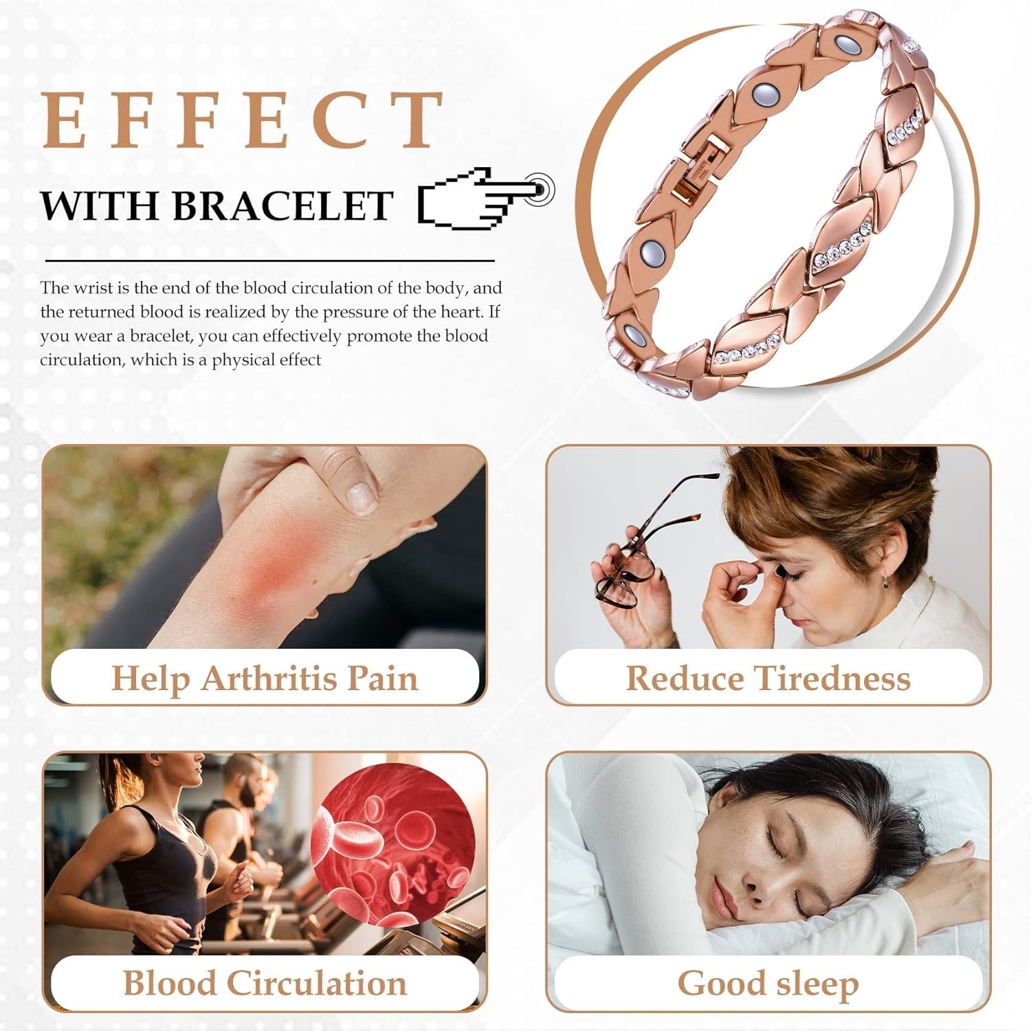Women’s Leaf Design Pure Copper Magnetic Bracelet with Diamonds-3500 Gauss Magne