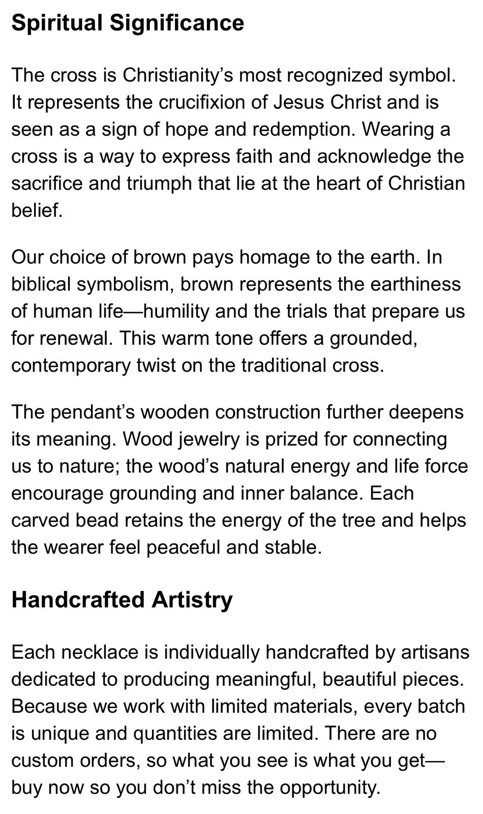 Wooden Cross Necklace 3in Brown Pendant Adjustable 16‑30in Sliding Knots Unisex