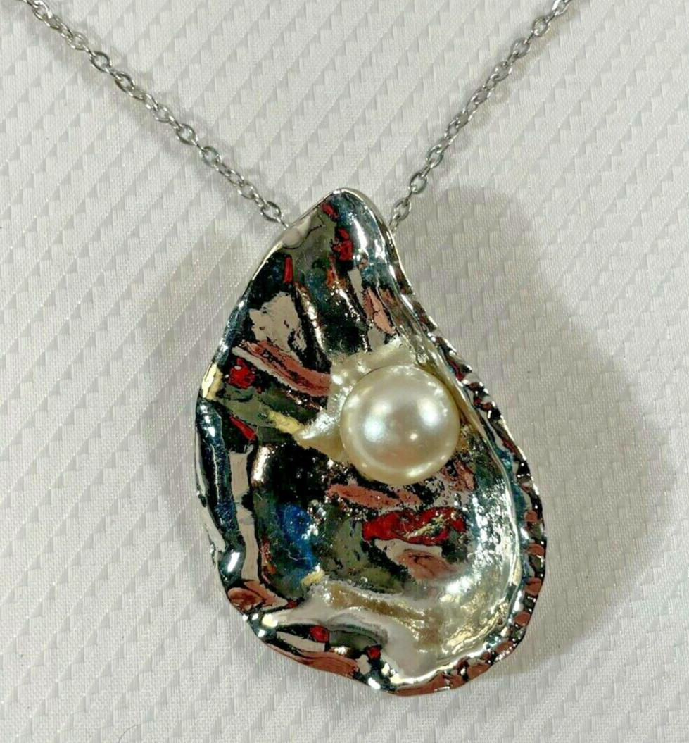 Oyster Shell Silver Necklace 30″ Stainless Chain Sea Coastal Jewelry NEW