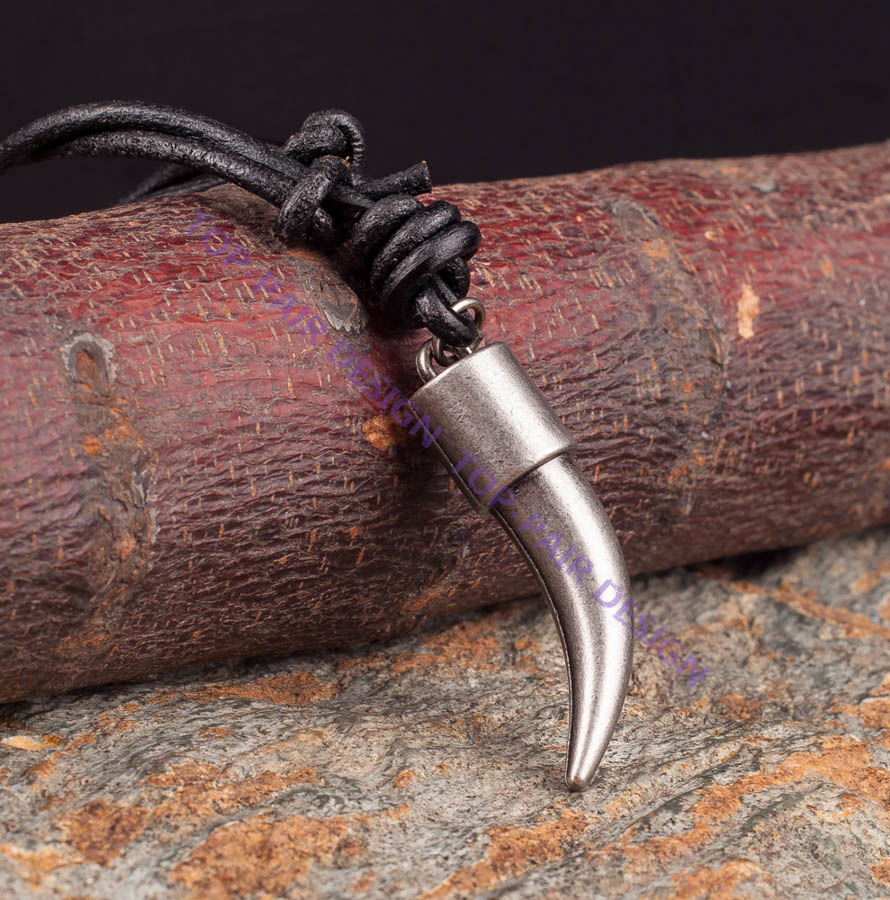 PN142 HIp-hop Metal Tooth Horn Pendant Mens Real Leather Choker Necklace BLACK