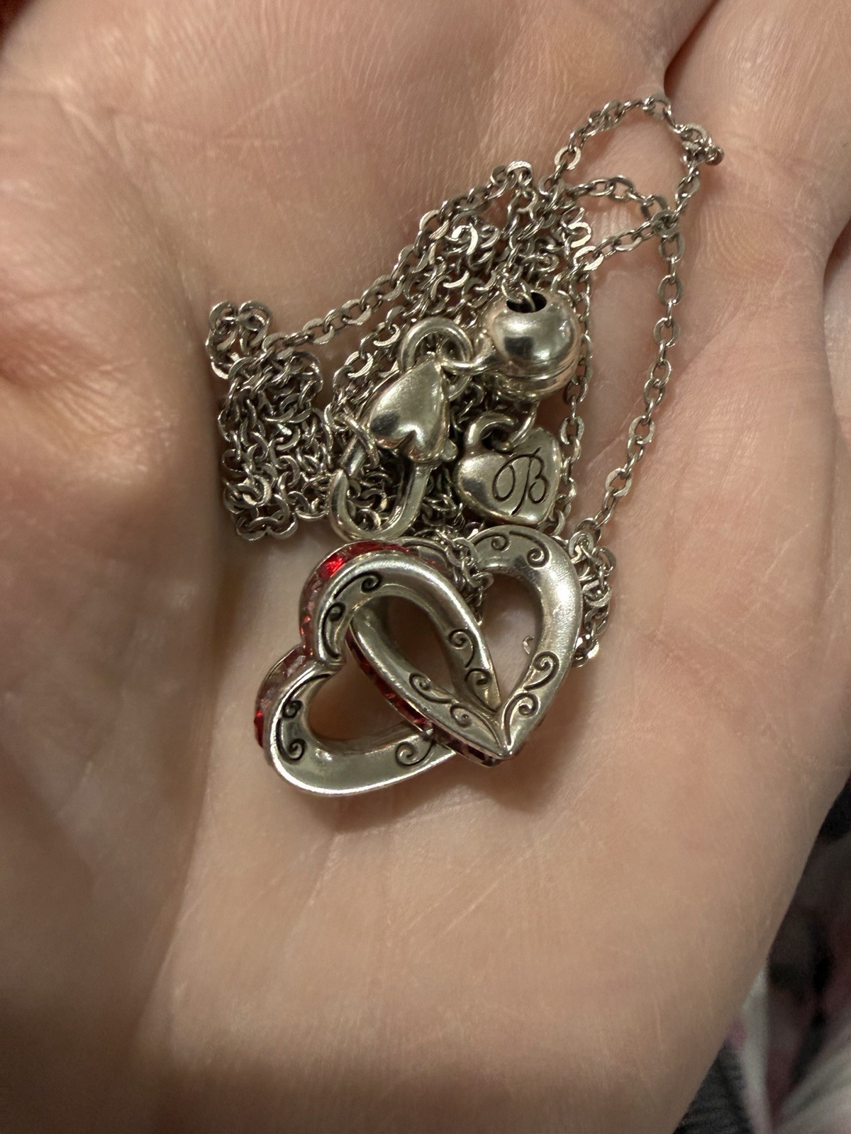 Retired Brighton Silver Plated Interlocking Heart Necklace Red & Clear Crystals