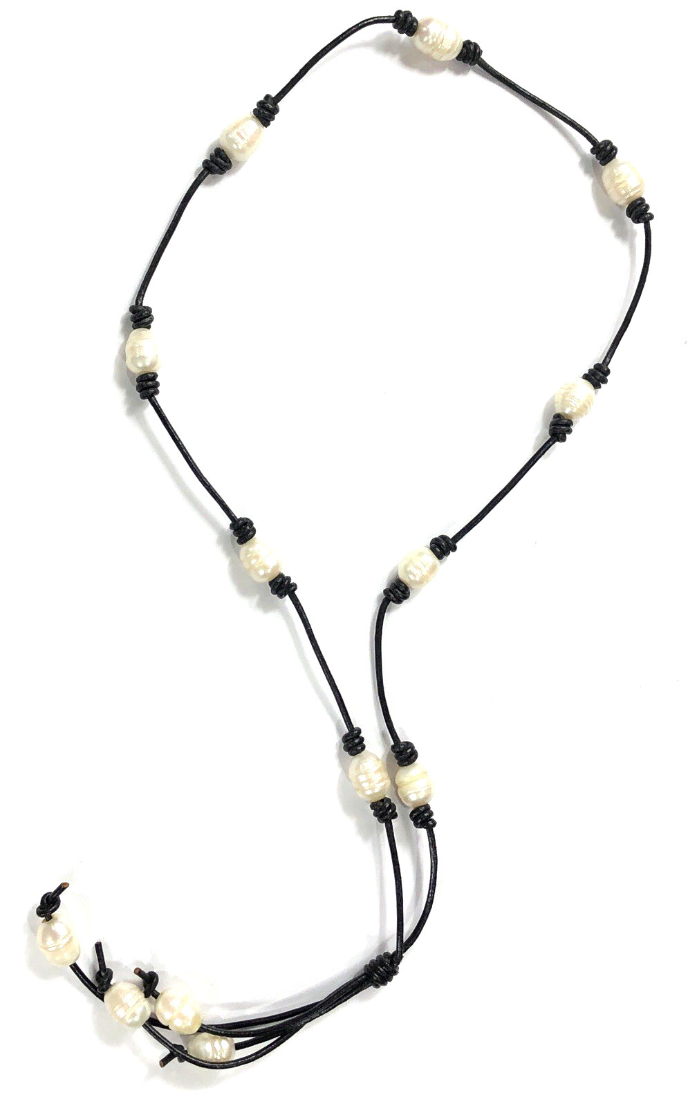 Baroque Pearl Necklace Leather Cord Station Tassel – 26 inch Length