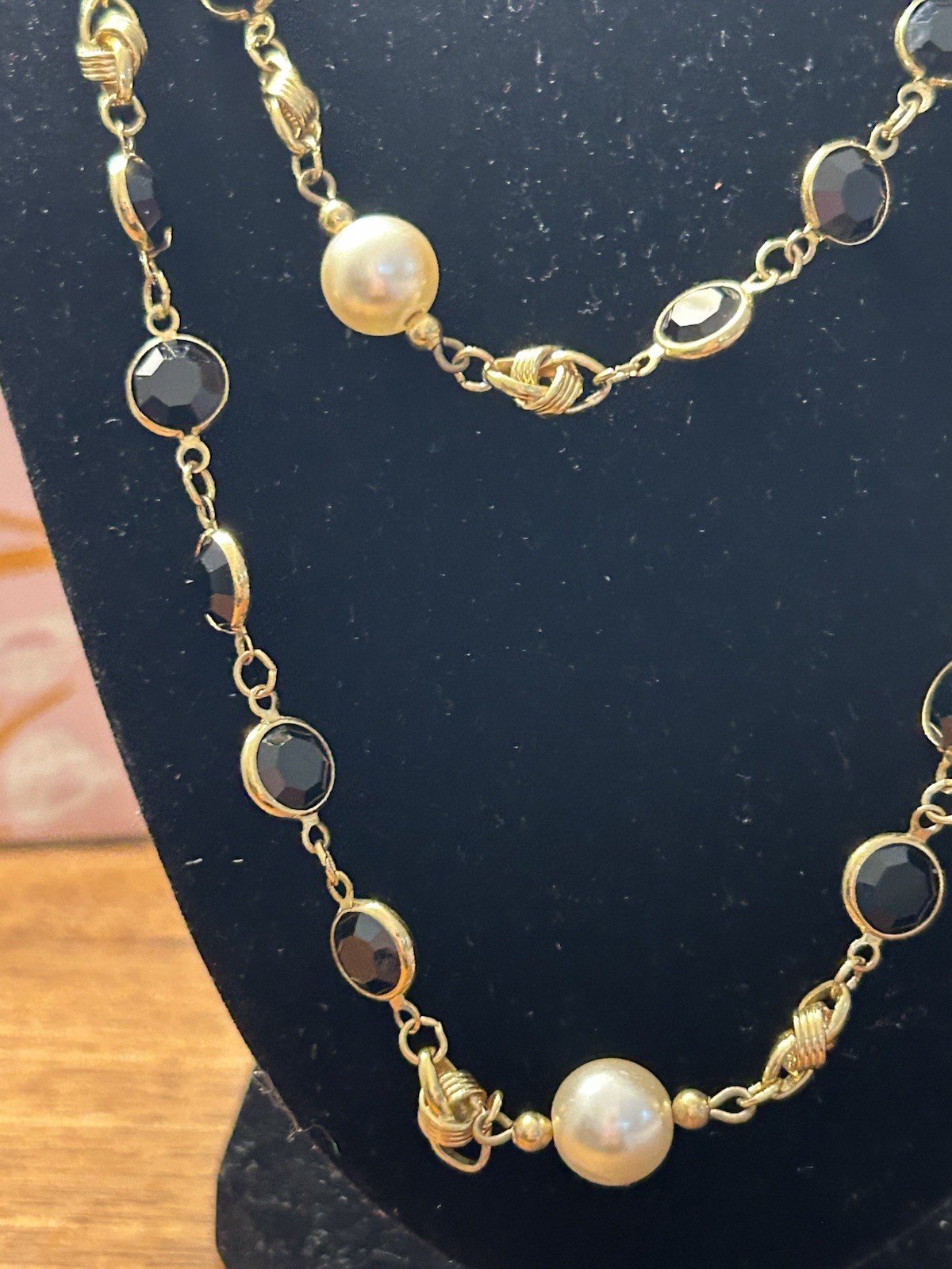 Vintage Swarovski Crystal Link Necklace Simulated Pearls Black Glass Bezel