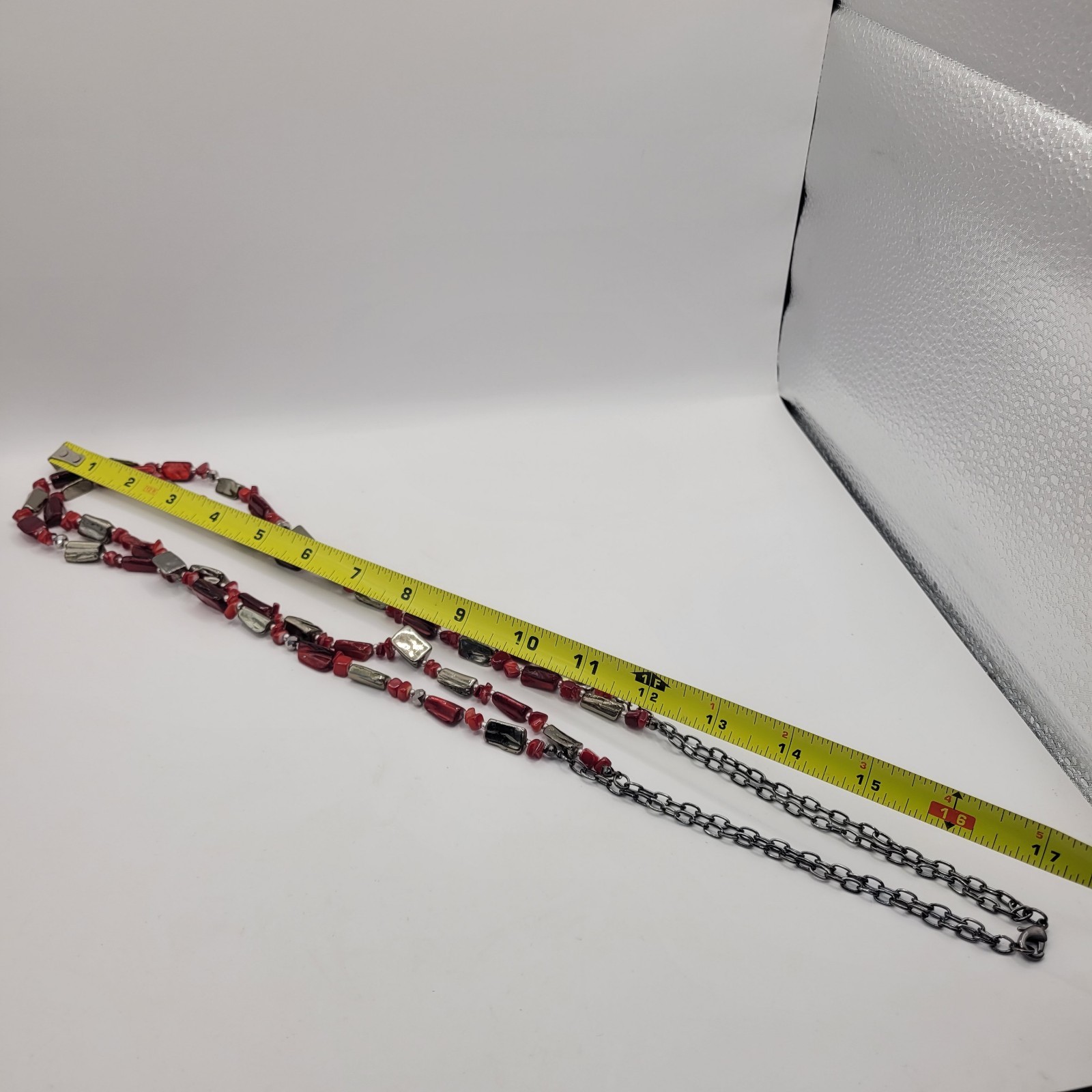Long Layered Red Glass and Black Grey Hematite Tone Bead Necklace