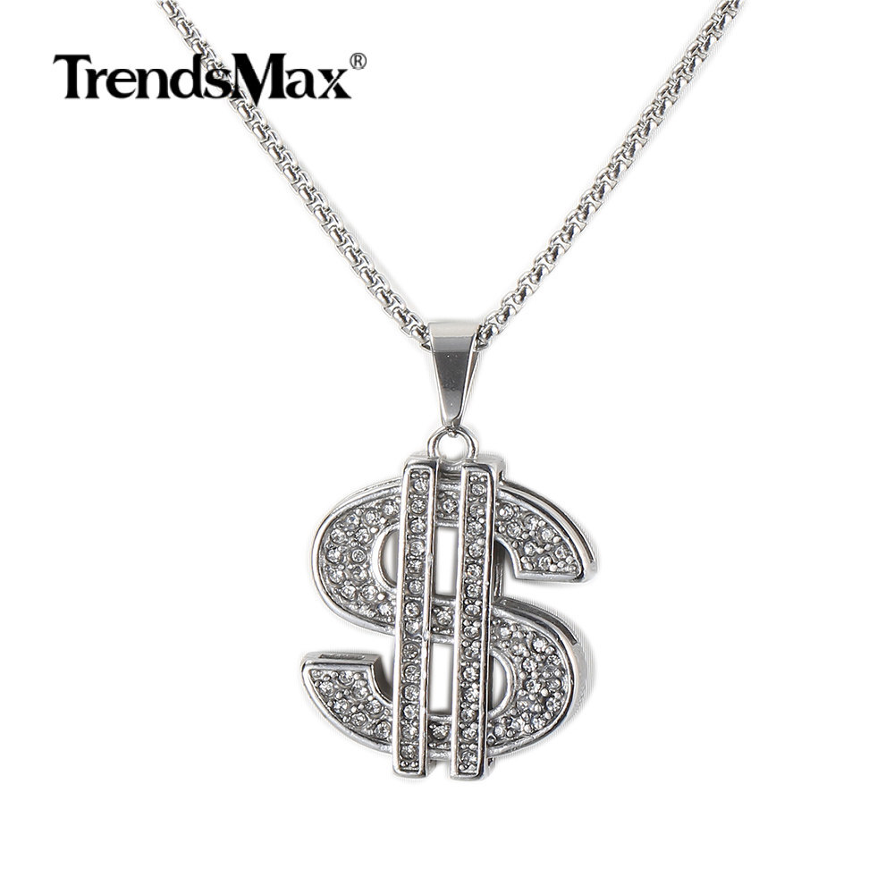 Silver Cubic Zircon CZ Dollar Sign Pendant Necklace Stainless Steel Chain 18-24″