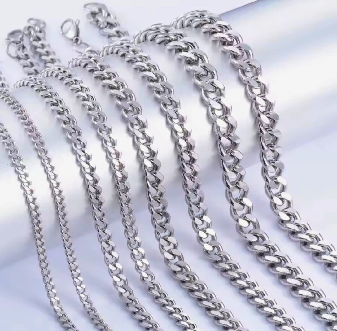 Stainless Steel Silver Tone Cuban Link Curb Chain Necklace 3.5–9mm 16–30in