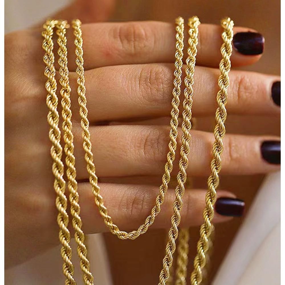 14K Yellow Solid Gold 1.5mm、2mm、3.2mm and 4.2mm Twisted Rope Chain Necklace, …