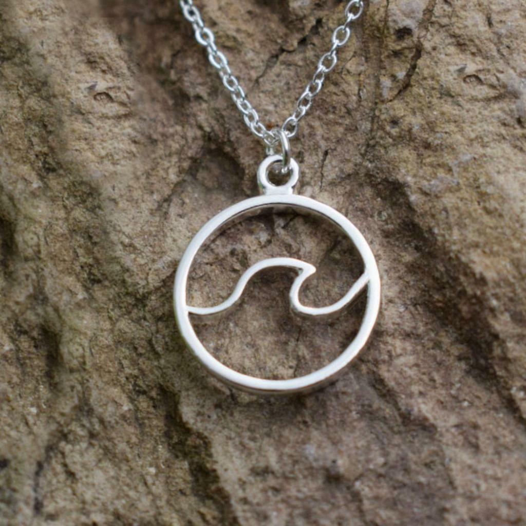WAVE NECKLACE 0.75″ Round Pendant 18″ Chain Beach Ocean Surf Outdoor Adventure
