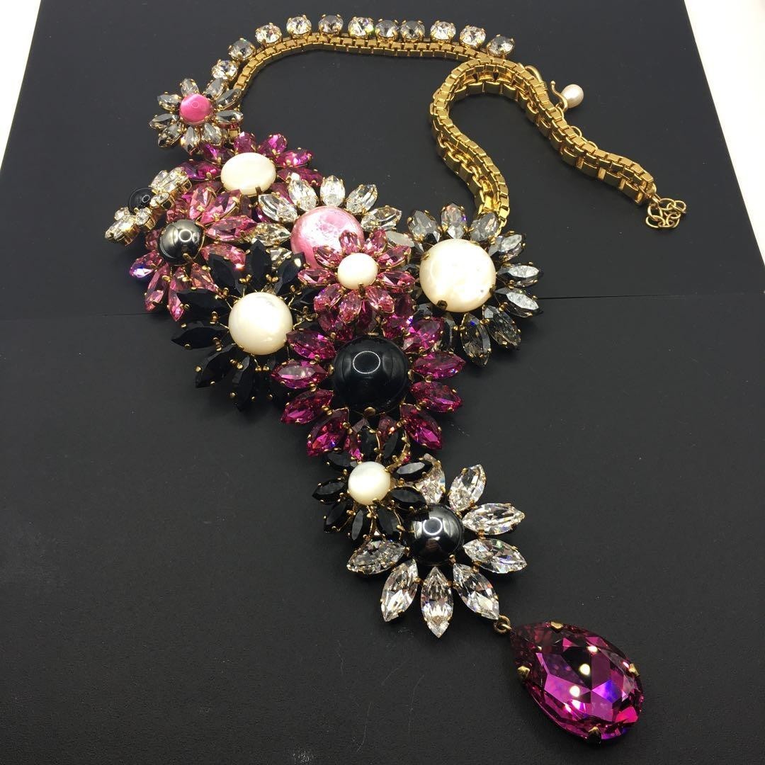 Philippe Ferrandis Pink Black Clear Bijou Flower Motif Necklace in Rare