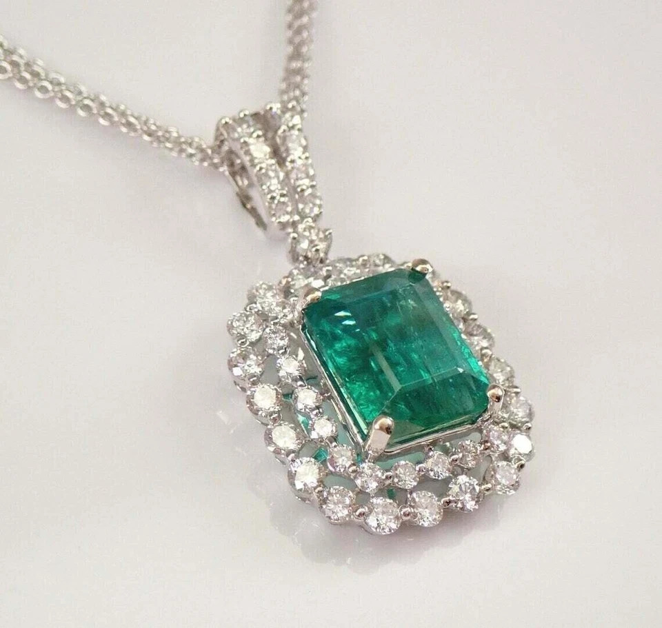 3.16 Ct Emerald Cut Emerald Pendant Wedding Pendant 14K White Gold Solid