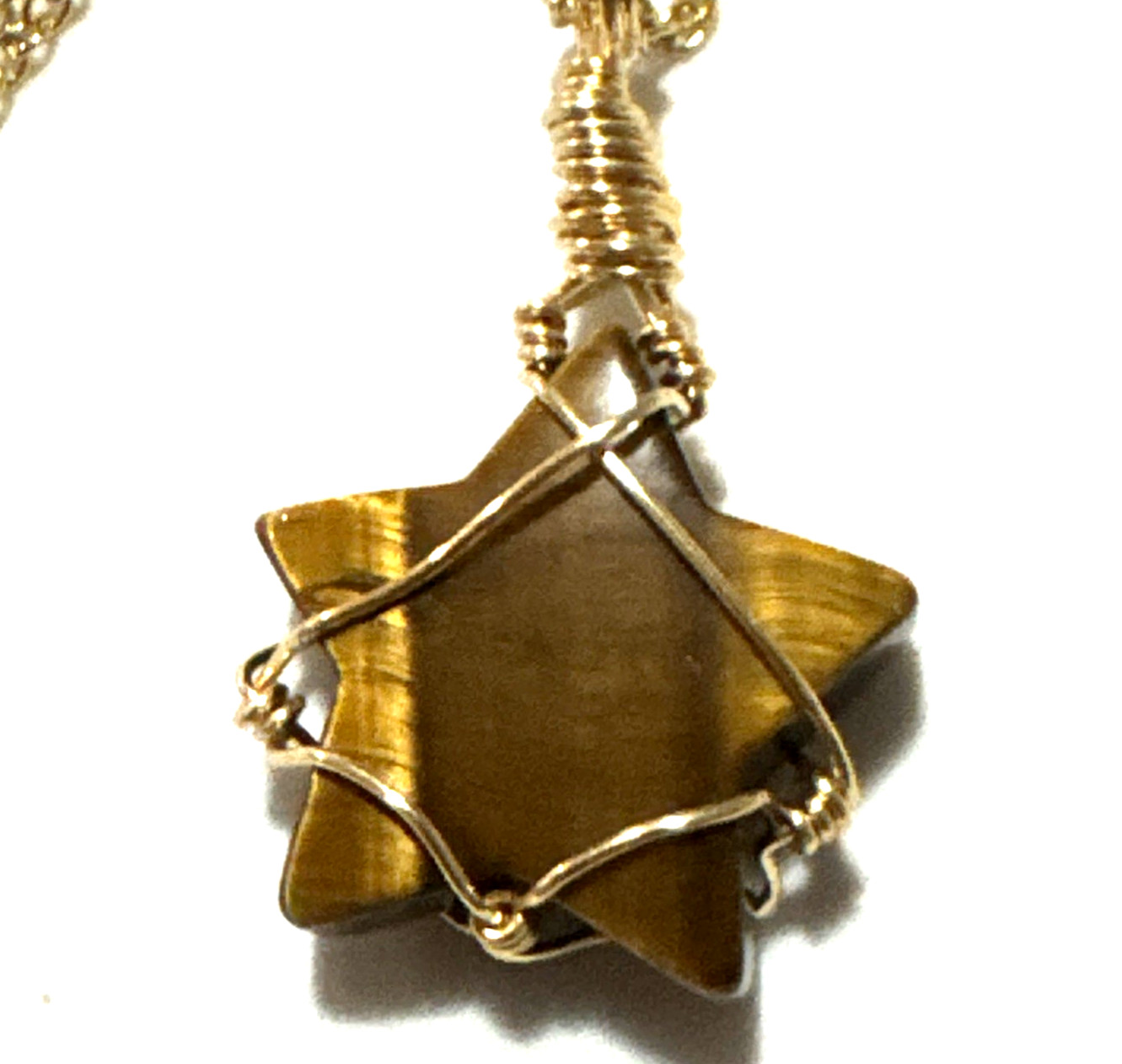 Tigers Eye Star Pendant Necklace Jewelry Gold Tone Chain Genuine Stone Handmade