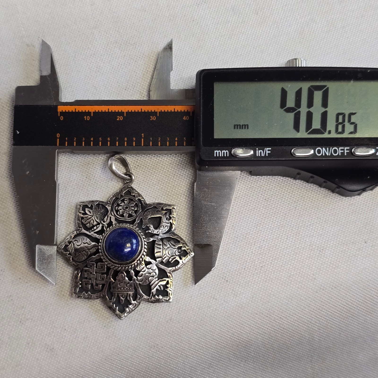 Sterling Silver Pendant 14.93g Jewelry Lapis Look Nepal Symbols Charm *READ*