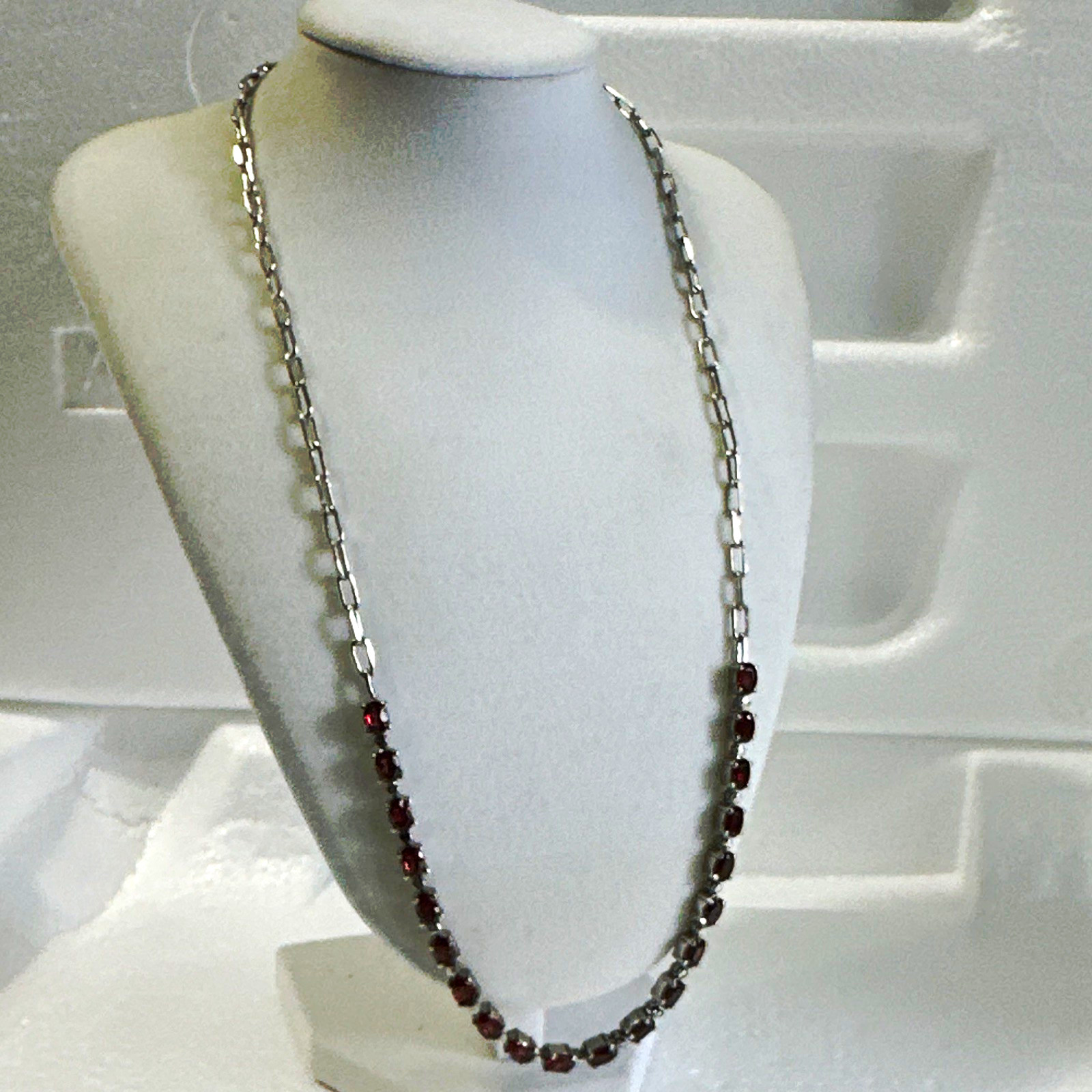 Stainless Steel Station Bar Link Necklace Red Oval Stones Prong Lobster Clasp