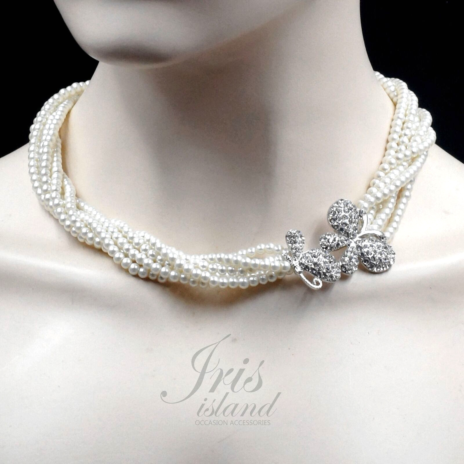 Women Elegant White Pearl Beaded Strand Layered Necklace Crystal Butterfly 1990