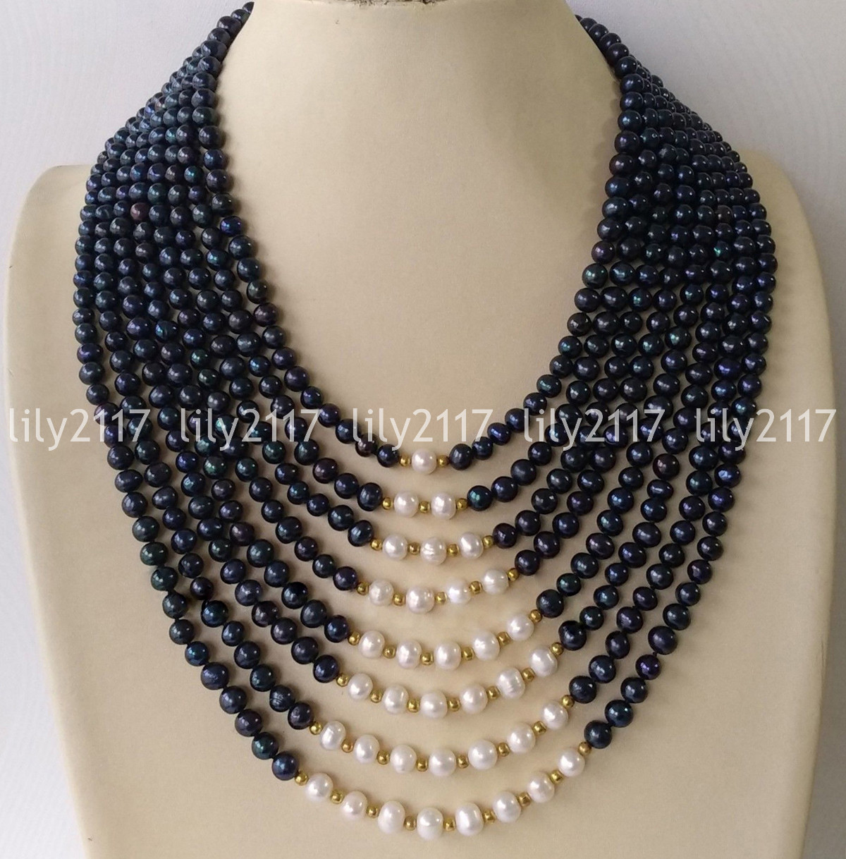 8 Rows Natural 6-7mm Black & White Genuine Freshwater Pearl Necklace 17-24” AAA