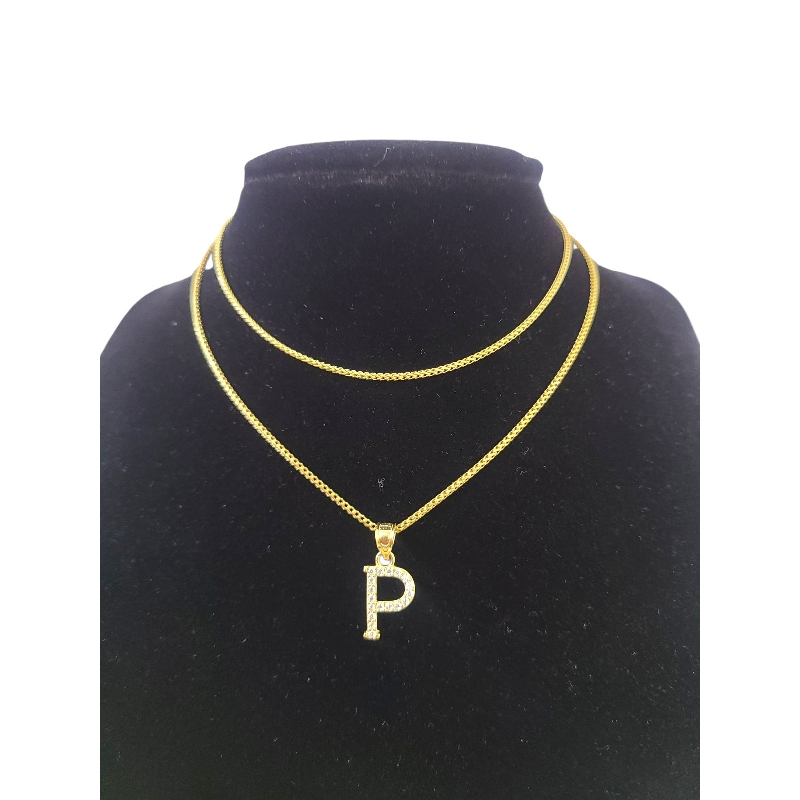 10K Gold Solid Franco Chain P Initial CZ Stone Pendant Set 1mm 16 18 20 22 Women