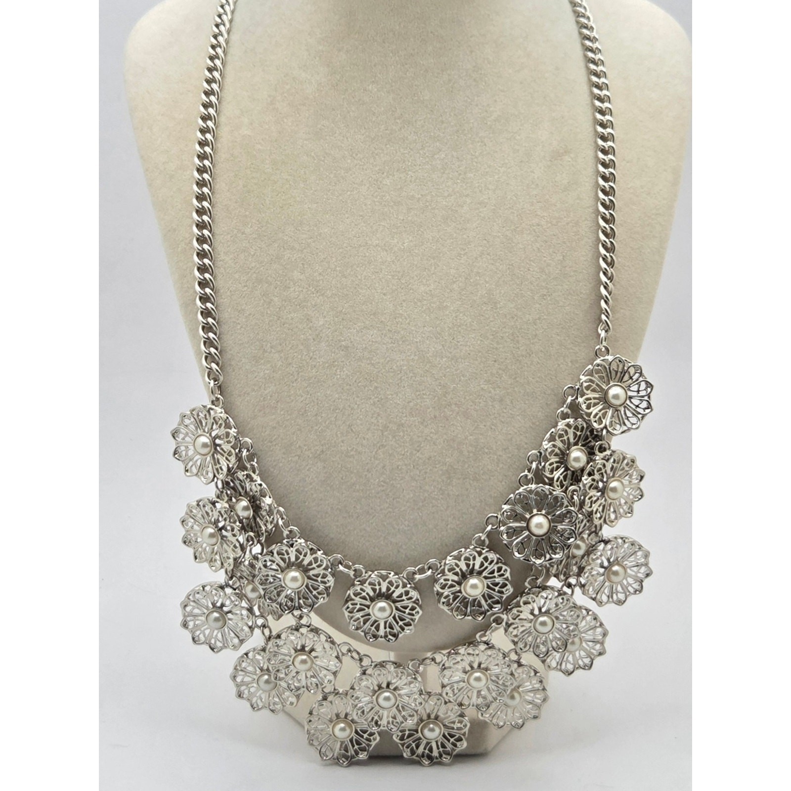 Vintage Inspired Silver Filigree Flower Faux Pearl Bib Statement Necklace 22″