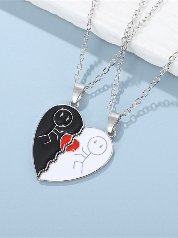 2pcs Magnet Matchstick People Lovers’ Black White Heart Pendant Chain Matching N