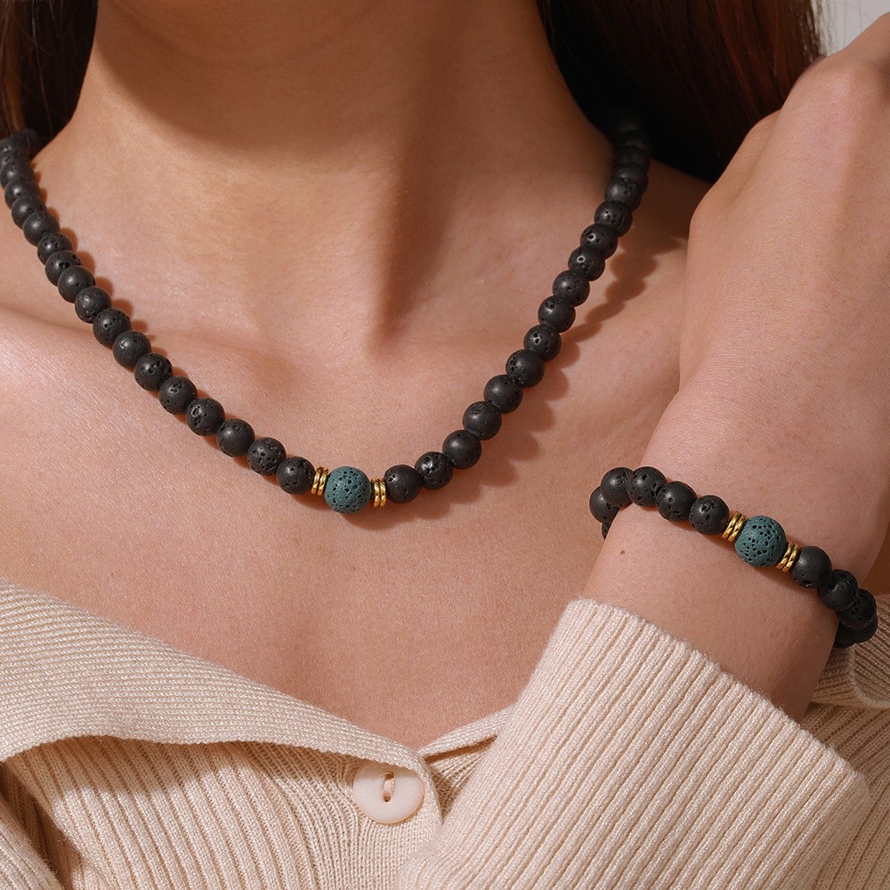 2Pcs Natural Lava Rock Stone Elastic Beaded Handmade Bracelet and Necklace Set