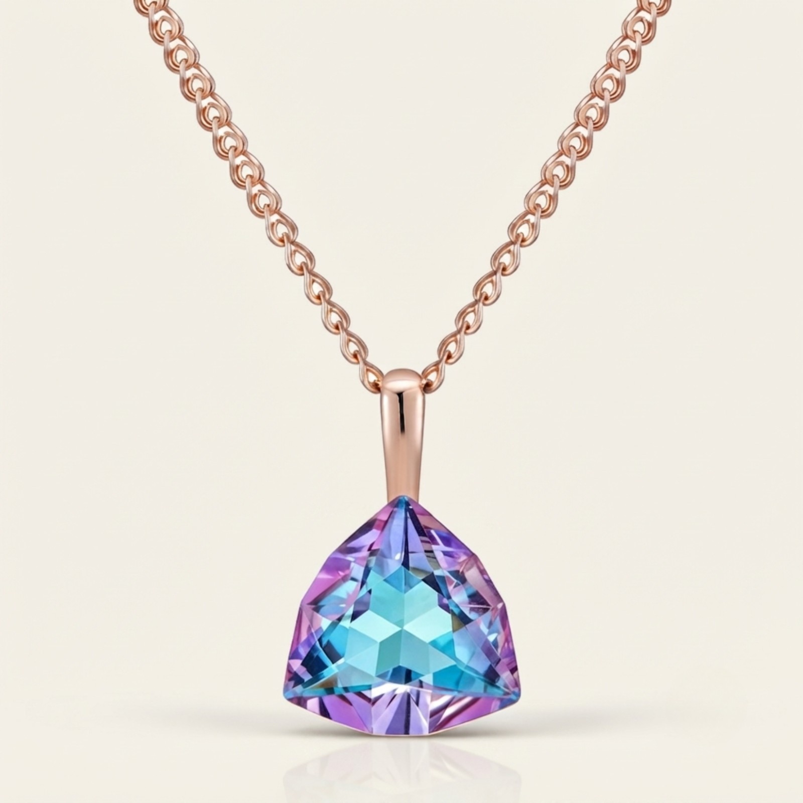 Bi Color Trillion Cut Necklace Rose Gold Cubic Zirconia Pendant Gift for Her