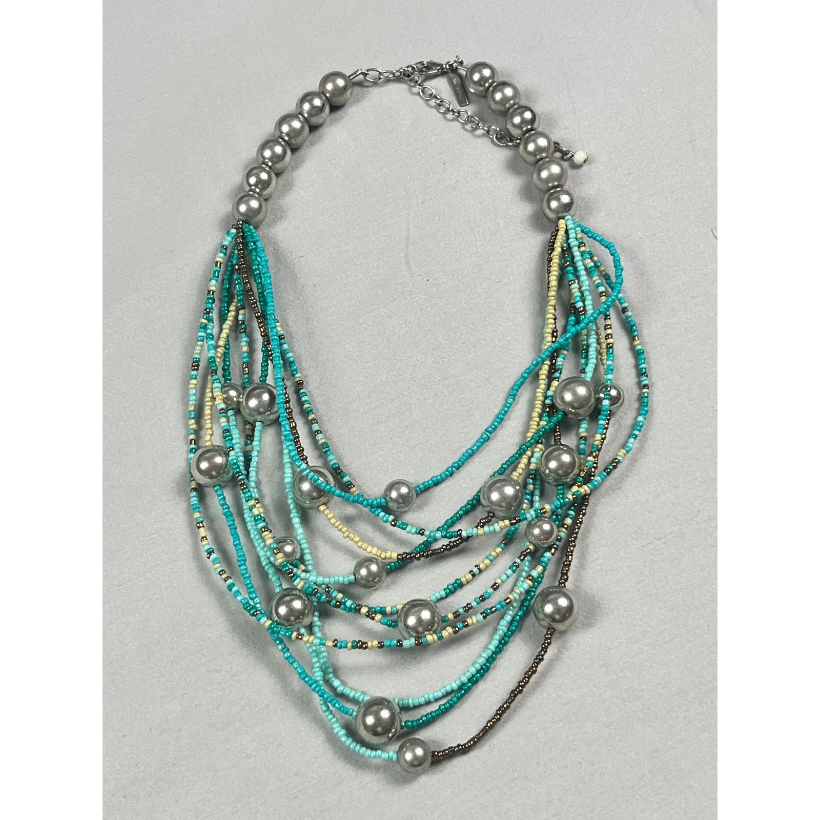 Lane Bryant Turquoise Multi Strand Seed Bead Statement Necklace Silver Spheres