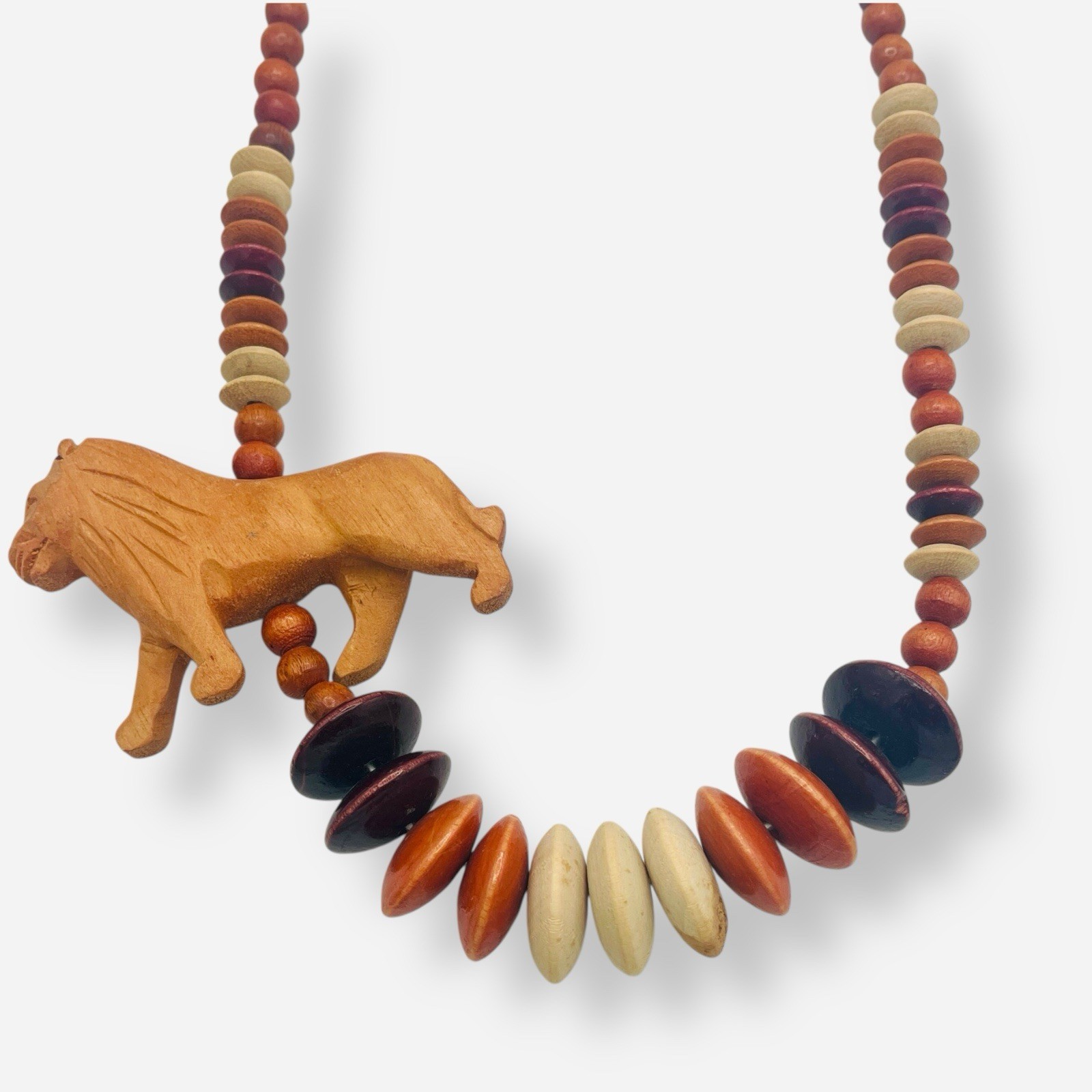Large Wood Safari Statement Necklace Lion Carved 27” Beaded Graduated