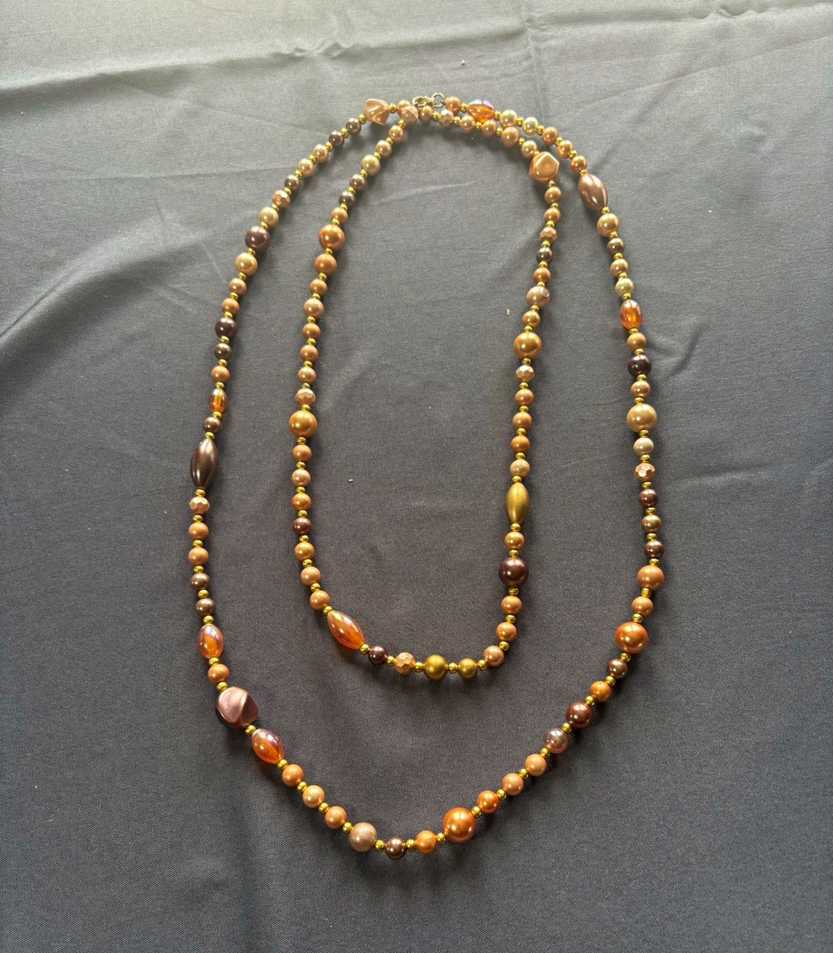 Vintage Beaded Necklace Long Rose Gold Brown Mixed Media Faceted Beads