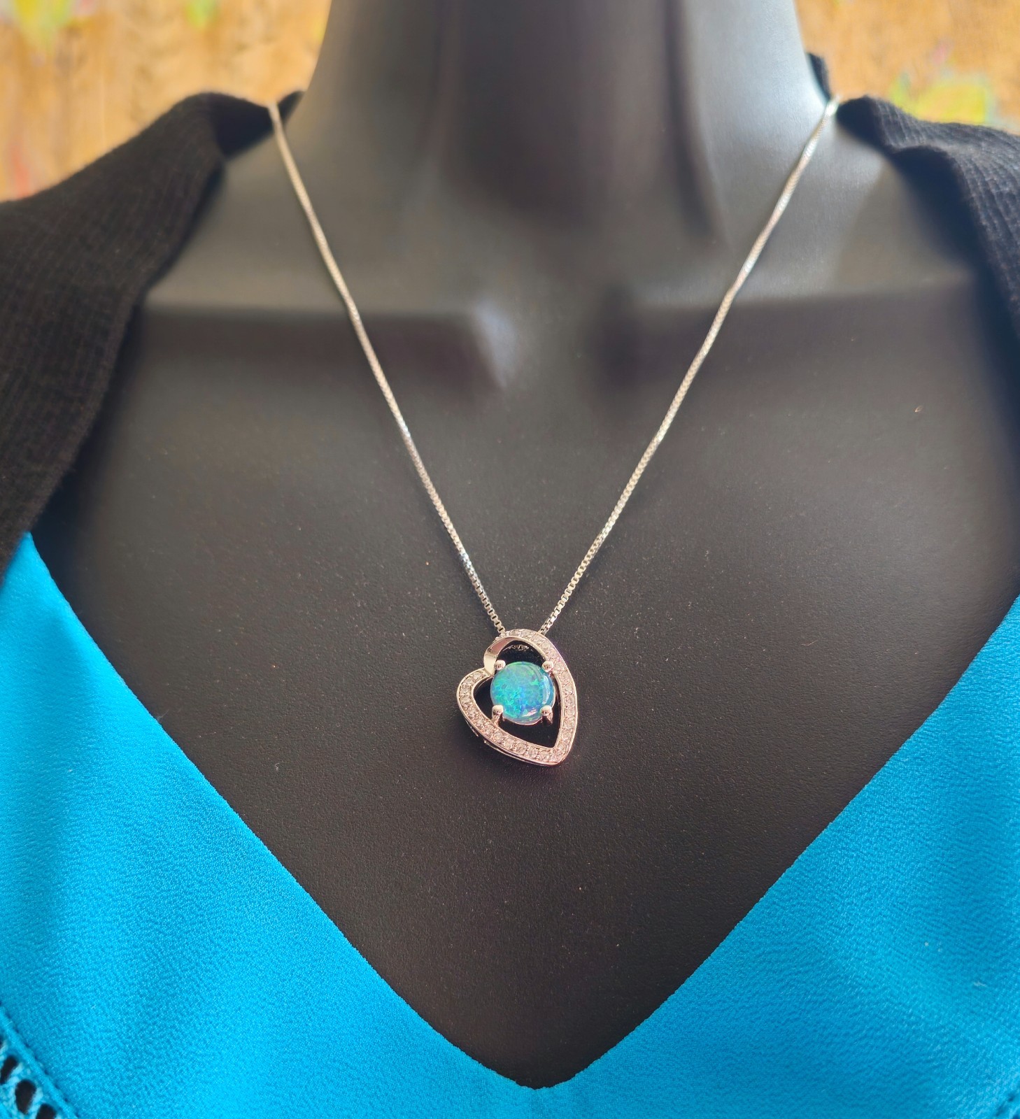 fire opal Cz necklace pendant gems black silver jewelry modern heart cocktail