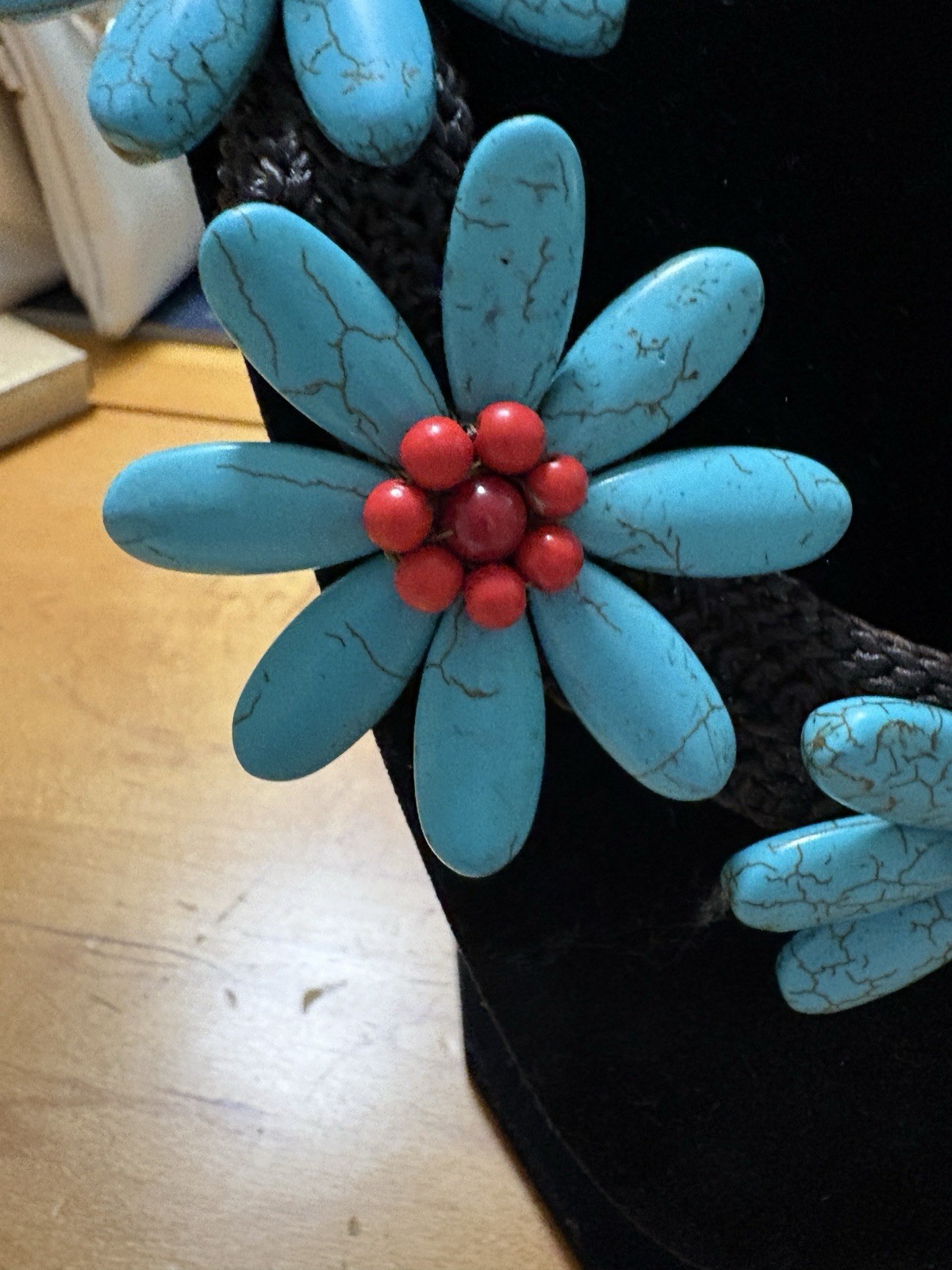 Five Turquoise Flowers with Synthetic Coral Center Stone Necklace