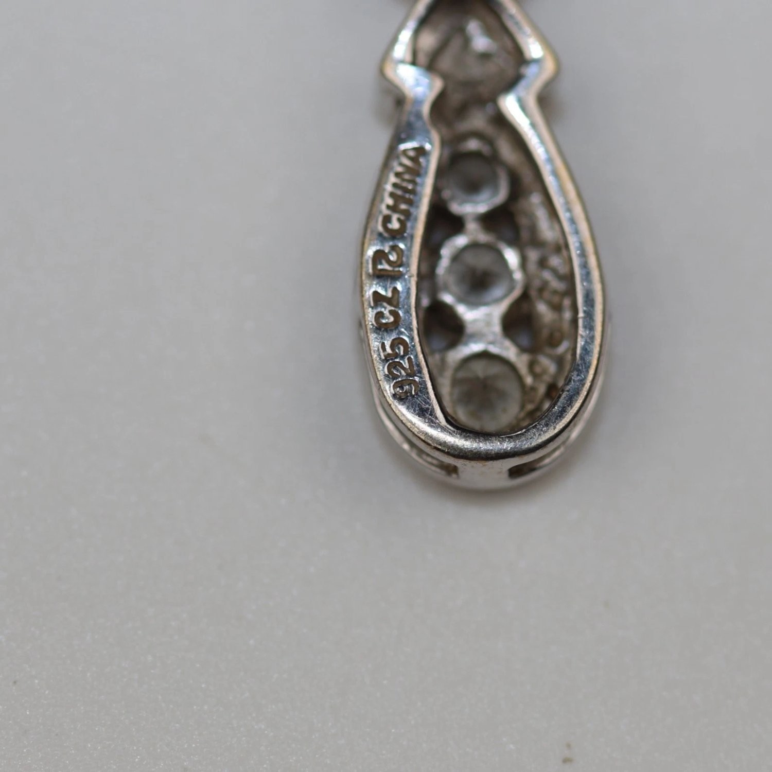 925 Sterling Silver Teardrop Pendant Necklace 3 Stone CZ 18 Inch Box Chain Italy