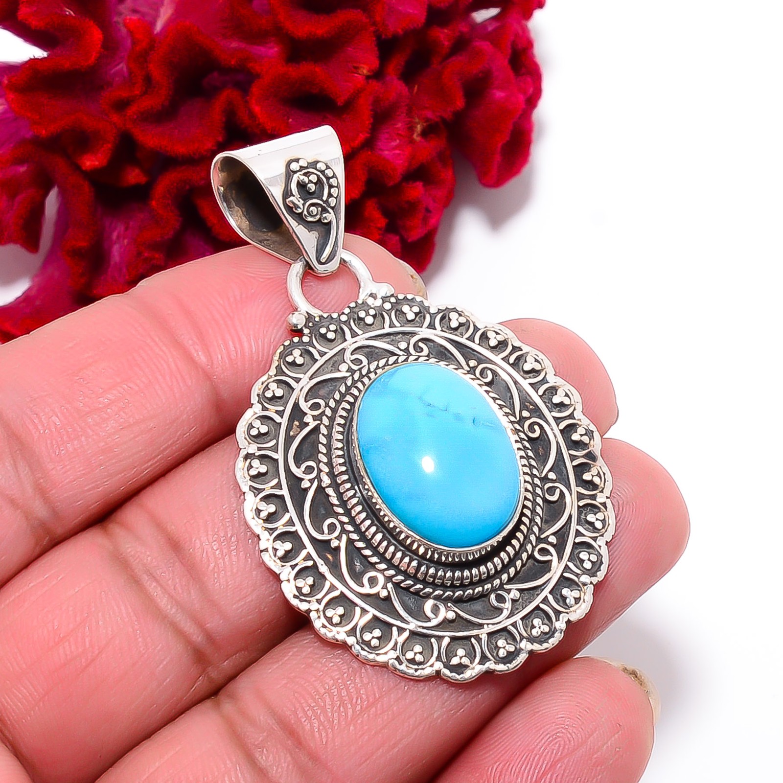 Magnesite Turquoise 925 Sterling Silver Bali Pendant 2.22″ P96155