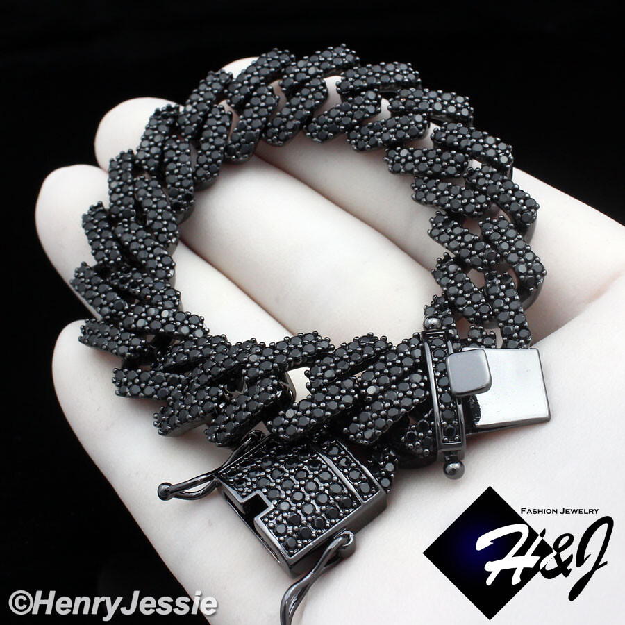 16-30″MEN 14K BLACK GOLD PLATED ICY BLACK CZ 14MM MIAMI CUBAN CURB NECKLACE*BBN6